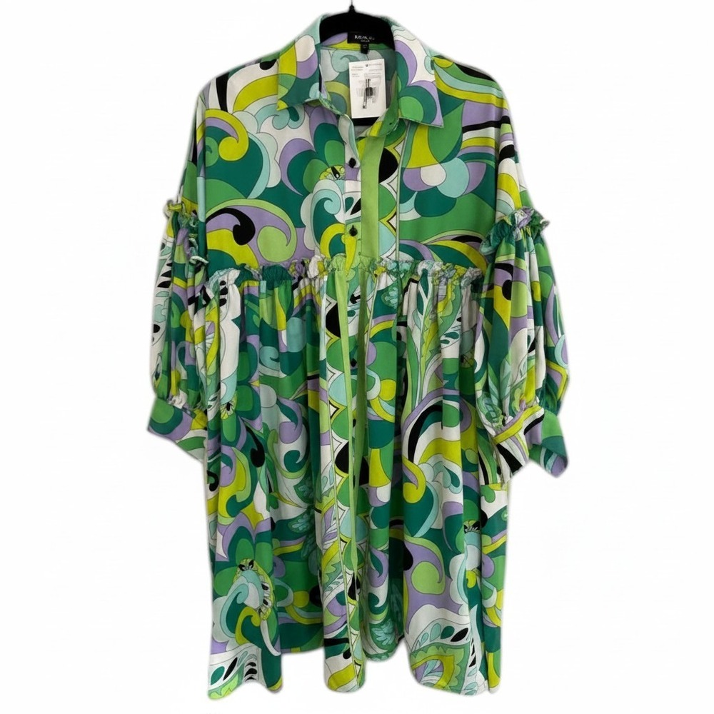 Beulah  Green Psychedelic Swirl Print Ruffle Babydoll Tunic Top NWT Sz All